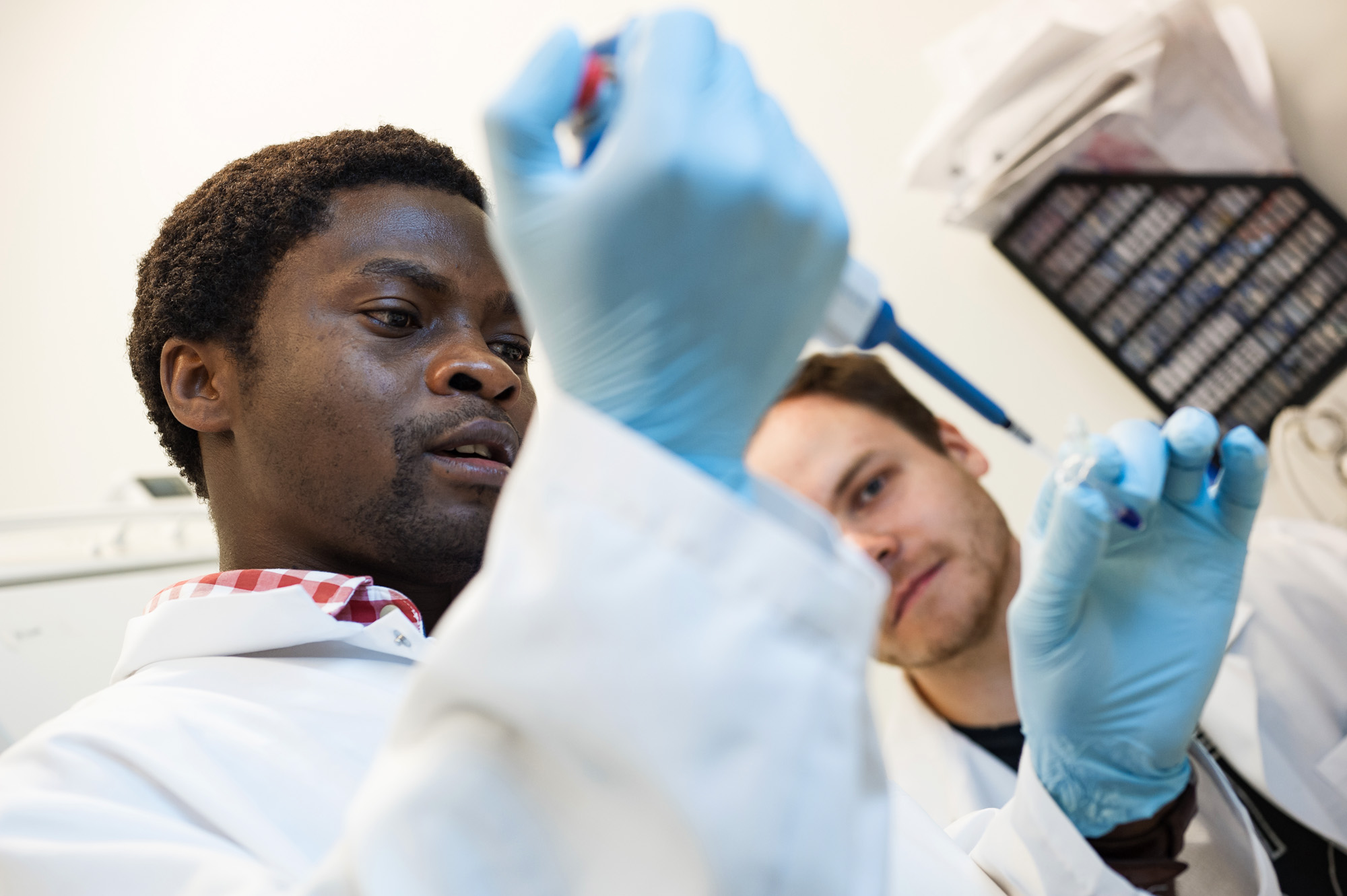 Kaksi miestä työskentelee laboratoriossa.