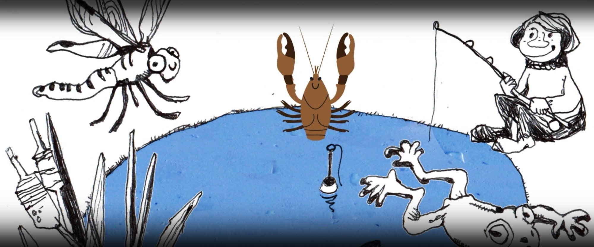 Piirros, jossa on rapu, muita eläimiä ja onkija.