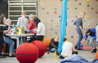 Students study in a multi-purpose classroom
