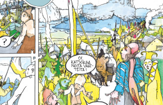 Ote Kari Korolaisen sarjakuvateoksesta Savulumi, joka kertoo Olavinlinnan rakentamisesta ja rajatematiikasta.