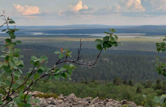 Tunturin rinteeltä otettu maisemakuva. Taustalla joki.