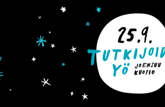 Grafiikka, jossa kuu ja tähtiä sekä teksti Tutkijoiden yö 25.9. Joensuu Kuopio