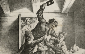 Turmiolan Tommin hahmo on toiminut varoittavana esimerkkinä juopottelun ja rikollisen elämän vaaroista. Kuvassa Frans Oskar Liewendalin painokuva vuodelta 1858. Kuvalähde: Museovirasto, Historian kuvakokoelma.