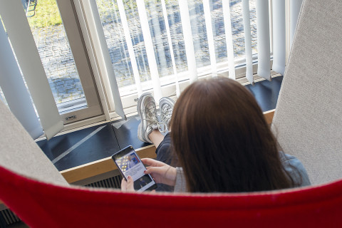 Istuva henkilö ikkunan ääressä selaamassa puhelinta.