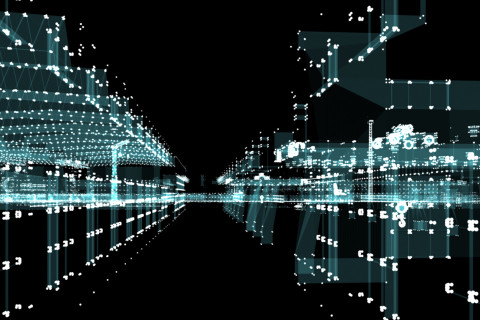 Abstract 3d-rendered city of lines and dots.