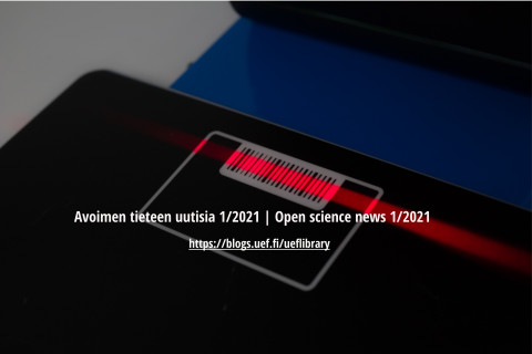 Tausta musta ja sininen, viivakoodi, punainen säde, tekstiä.