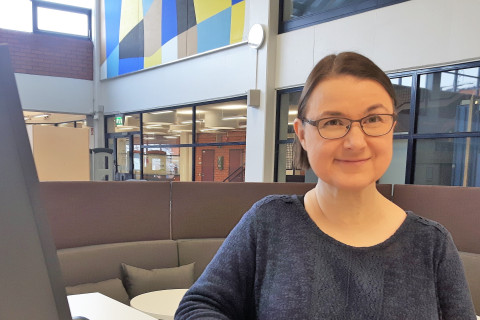 Kirjasto, nainen, tietokone, sohva.