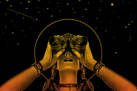 Illustration of woman looking with binoculars.