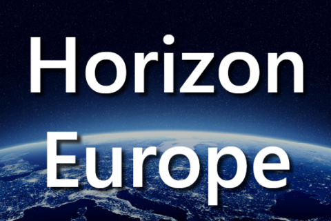 Maapalloa avaruudesta ja teksti Horizon Europe.