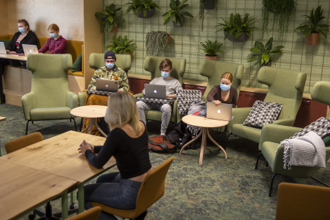Students in new classroom.
