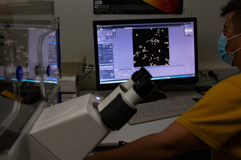 Mies työskentelee mikroskoopilla.
