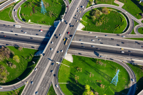 Aerial view of a stack motorway junction.