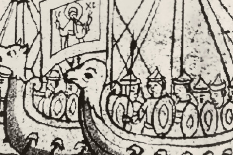 Woodcut of Viking ships.
