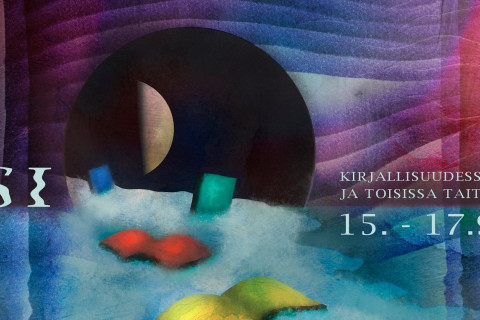 Kirjoja kellumassa aaltoilevassa vedessä akvarellimaisella sinipunaisella taustalla