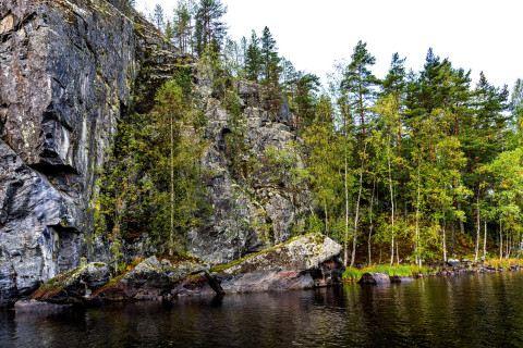 Kaallioseiseinämä ja metsää järven rannalla.