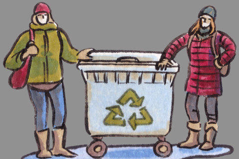 Piirroskuva kahdesta henkilöstä kierrätysastian luona.