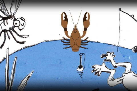 Drawing of a crab, other animals and an angler.
