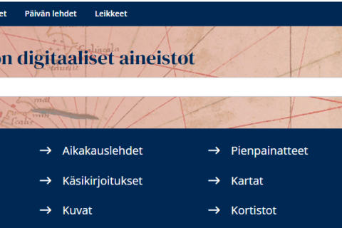 näyttökuva Kansalliskirjaston digitaaliset aineistot -palvelun etusivusta