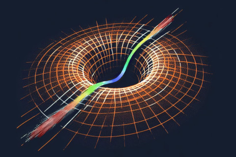 Taiteellinen näkemys aallosta, joka kohtaa eksponentiaalisesti kaarevan aika-avaruuden. Kuva: Matias Koivurova