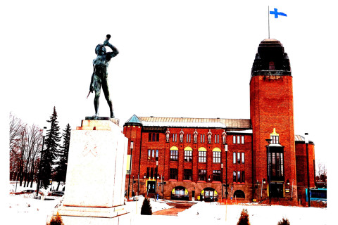 Illustrated view from the Joensuu market place with town hall in the background
