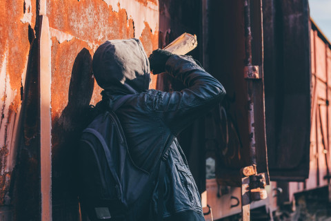 Nuori henkilö juo alkoholia huppu päässä hylätyllä rautatieasemalla.