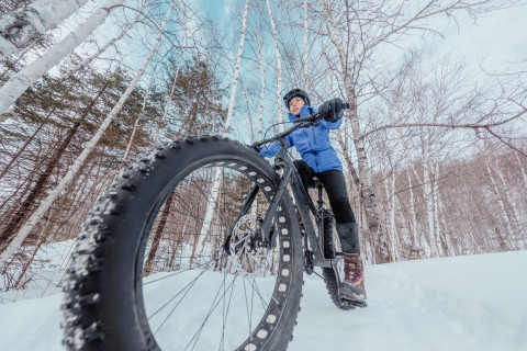 Fatbiker driving a bike in the snow.