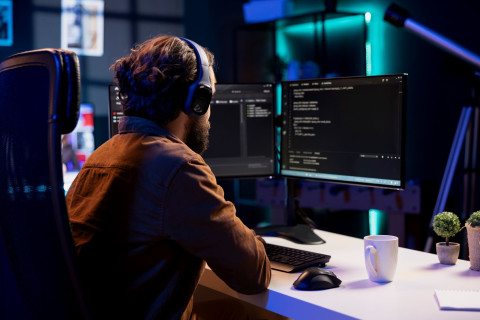 Henkilö kuulokkeet korvilla näyttöpäätteiden edessä.