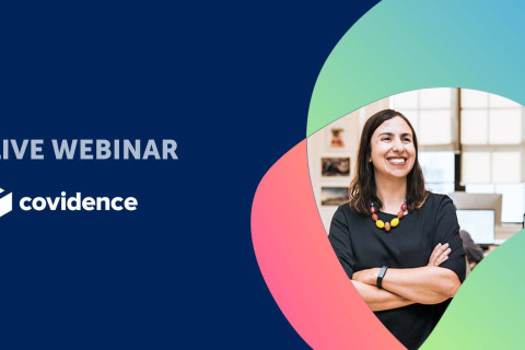 Teksti: Live webinar Covidence. Kuva: Hymyilevä ihminen. 