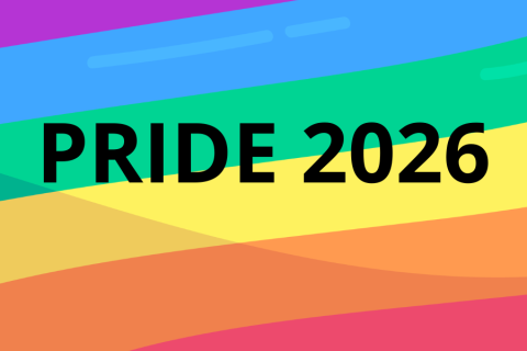 Pride 2026 -teksti sateenkaarikuvituksen päällä. Pride 2026 text on a rainbow illustration.