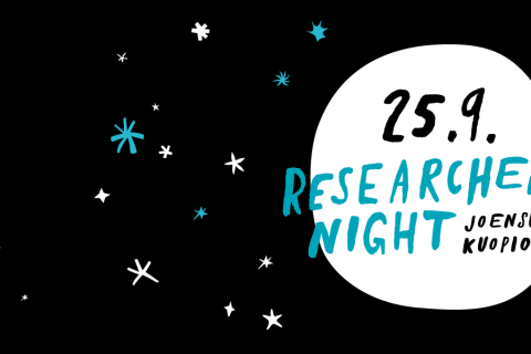 Graphics with moon and stars and the text Researchers' Night 25.9. Joensuu Kuopio