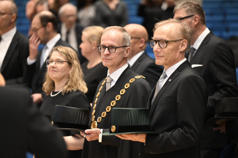 Rector Tapio Määttä and Vice Rectors Laura Hirsto and Jussi Pihlajamäki at the Opening Ceremony of the Academic Year on 3 September 2026.