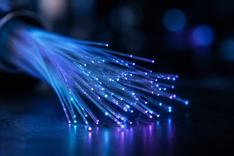 Fibre optic cables with glowing blue and purple light, representing photonics and optical communication technologies