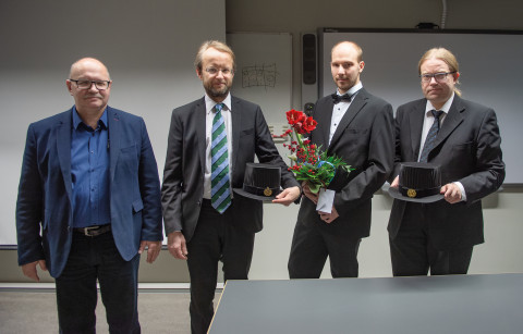 Photo of Alexey Sholokhov, Mikko Kurimo, Tomi Kinnunen and Yuri N. Matveev.