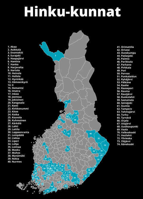 Kartta Suomen kunnista, jotka ovat sitoutuneet tavoittelemaan 80 prosentin päästövähennystä vuoteen 2030 mennessä vuoden 2007 tasosta.