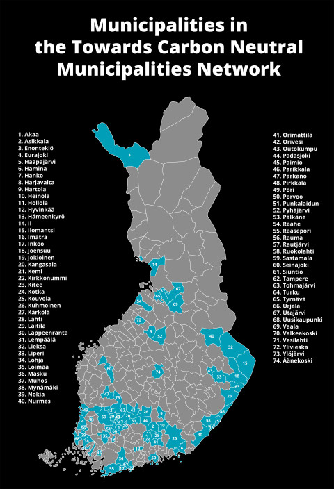 Map of Finnish municipalities in the Towards Carbon Neutral Municipalities Network.