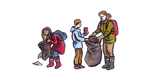 Piirroskuva kolmesta henkilöstä keräämässä roskia.