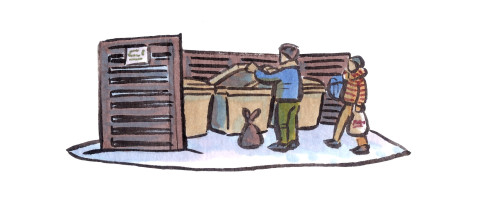 Piirroskuva kahdesta henkilöstä lajittelemassa jätteitä kierrätyspisteellä.