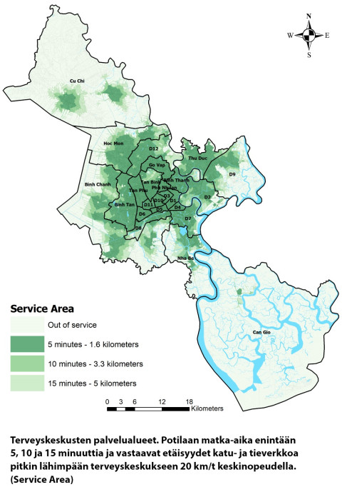Kartta terveyskeskusten palvelualueista Ho Chi Minhissä.