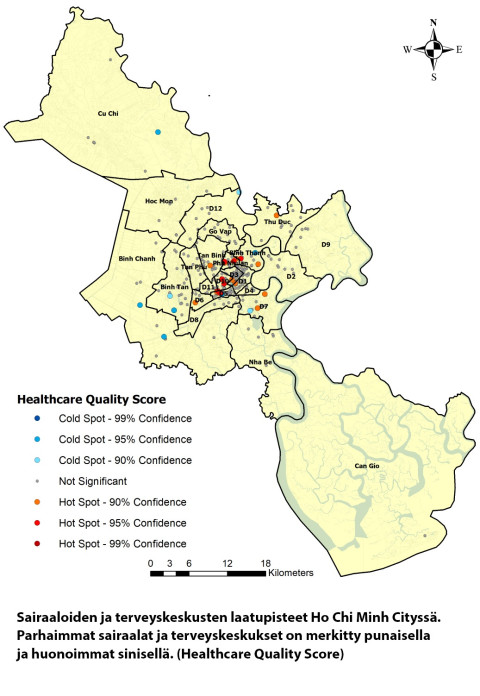 Kartta sairaaloiden ja terveyskeskusten laatupisteistä Ho Chi Minhissä.