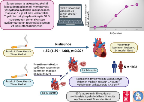 Jatkuva tupakointi lapsuudesta varhaisaikuisuuteen kasvun aikana aiheutti rakenteellisia ja toiminnallisia sydänmuutoksia, osoittaa 1931 lasta 10-vuotiaasta 24-vuotiaaksi seurannut tutkimus. Tupakointi aiheuttaa sydämen liikakasvua lapsuudesta varhaisaikuisuuteen kasvun aikana. Kuva: Andrew Agbaje.