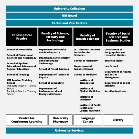 The image shows the organisation chart of the University of Eastern Finland. The chart can be read as text below the image.