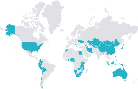 Karttakuva maista, joista Itä-Suomen yliopistolla on partnereita Erasmus +-ohjelmassa vuosina 2022-2024.