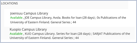 Location in Joensuu: 0s. Location in Kuopio: SARJAT.
