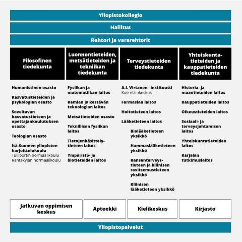 assa on esitelty Itä-Suomen yliopiston organisaatiokaavio. Kaavio on luettavissa tekstimuotoisena kuvana alapuolella olevassa osiossa.