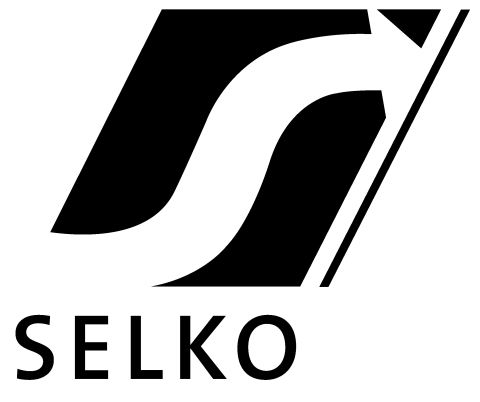 Selkomerkki on mustavalkoinen tunnus, jossa on kaartuva valkoinen nuolikuvio mustalla pohjalla ja sen alla kirjaimet SELKO.