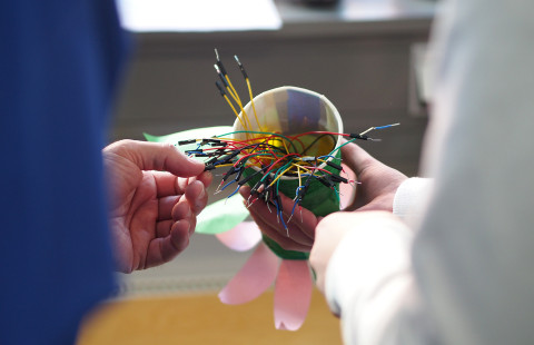 Photo of electrical wires in a paper mug.
