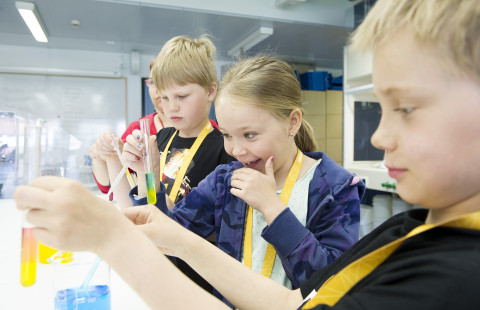 Lapset tutkailevat koeputkia