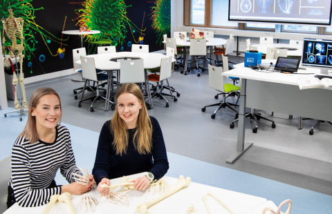 Kaksi opiskelijaa ryhmätyötilassa