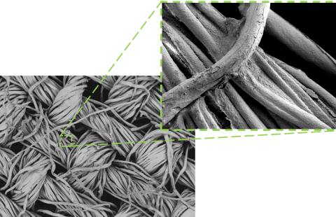 Elektronimikroskooppikuva pinnoitetusta kankaasta.
