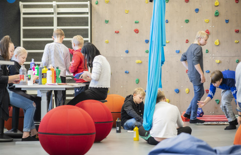 Students study in a multi-purpose classroom